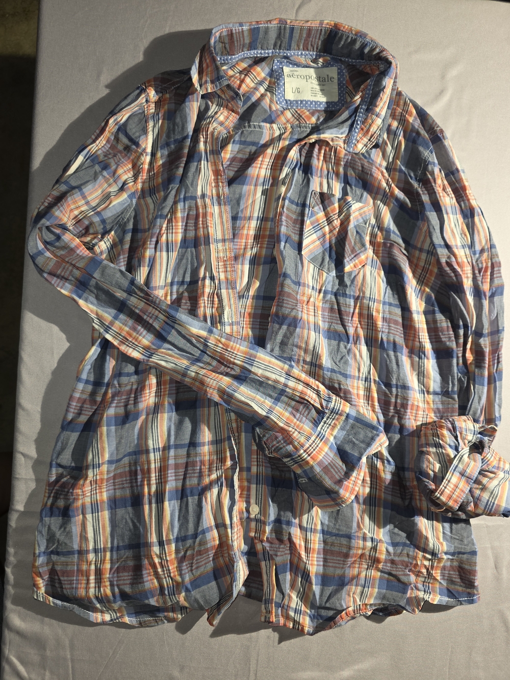 Aeropostale Women's Blue and Orange Plaid Button-Down Shirt